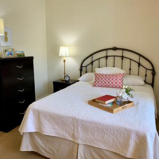 A cozy bedroom featuring a neatly made bed with decorative pillows, a bedside lamp, and simple decor.