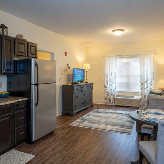 A cozy apartment interior featuring a living room and kitchen area with modern furnishings and hardwood floors.