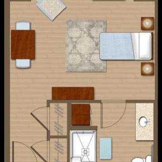 A floor plan depicting a one-bedroom apartment with designated areas for sleeping, dining, and living.