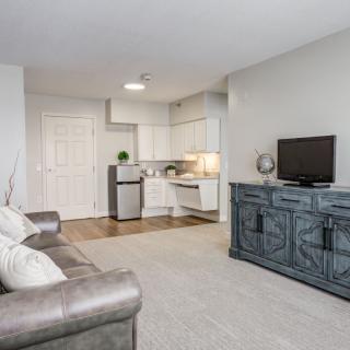 A modern living room connected to a kitchen area, featuring a sofa and a TV on a stylish cabinet.