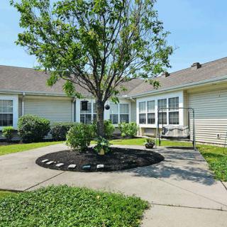 A peaceful residential courtyard with a central tree and a cozy swing.