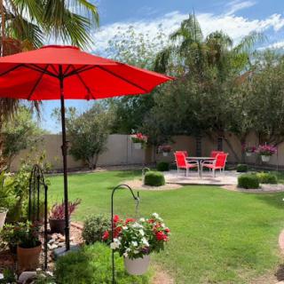 A serene garden oasis featuring a vibrant red umbrella and inviting seating area, perfect for relaxation.