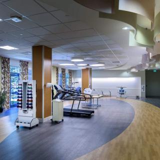 A modern gym interior featuring treadmills and fitness equipment.