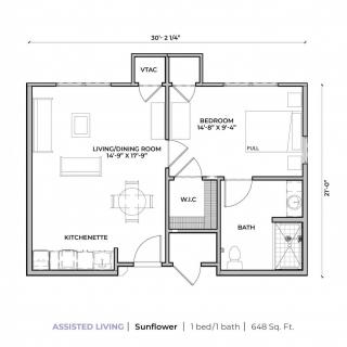 A floor plan showing the layout of a one-bedroom home, including a living room, kitchen, bathroom, and storage areas.