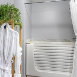 A bathroom scene with a bathtub, robe, and a plant on a shelf.
