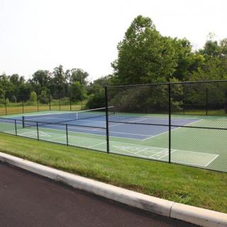 A fenced outdoor tennis court surrounded by greenery.