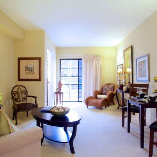 A cozy and well-decorated living room with elegant furniture and ample natural light.