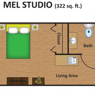 A floor plan of a studio apartment labeled 'MEL STUDIO' with an area of 322 square feet, showing a bedroom, closet, bathroom, and living area.