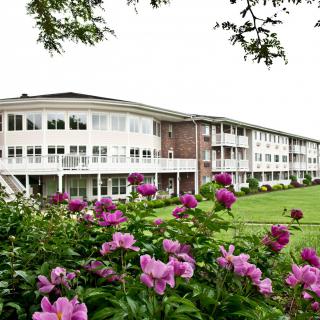 A residential building surrounded by vibrant flowers and greenery.