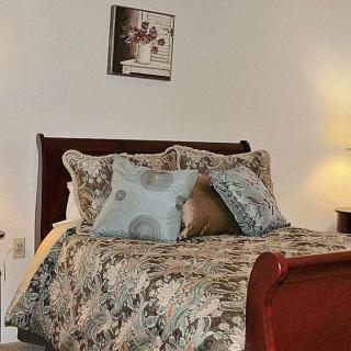 A cozy bedroom with decorative pillows and elegant bedding.