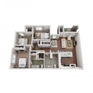 3D floor plan of an apartment with multiple rooms and a spacious layout.