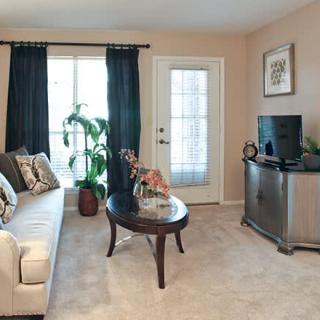 A cozy living room with a sofa, coffee table, TV stand, and a plant near the window.