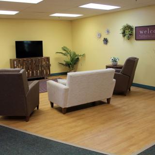 A comfortable living room with sofas, chairs, a TV, and indoor plants.