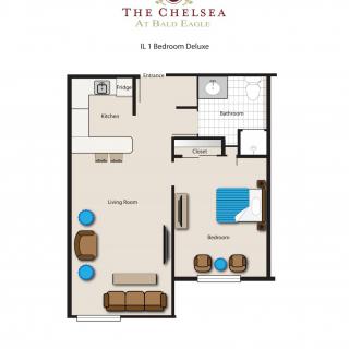 Floor plan of a 1-bedroom apartment at The Chelsea.
