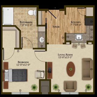 A one-bedroom apartment floor plan featuring a living room, kitchen, and bathroom.