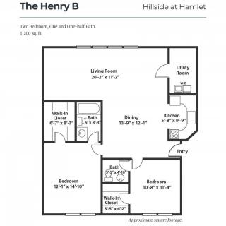 Floor plan of 'The Henry B' apartment featuring two bedrooms, one bathroom, a living room, dining area, kitchen, and utility room.