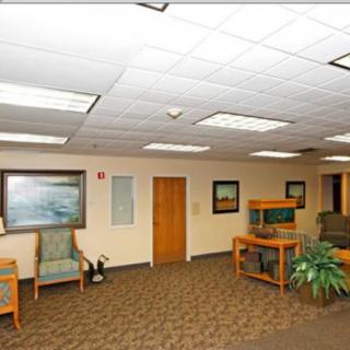A well-lit waiting room with comfortable seating, artwork, and plants.