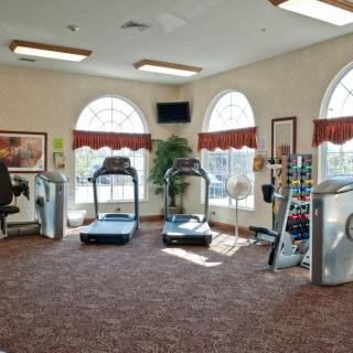 A small gym with treadmills and exercise equipment, featuring large windows and a carpeted floor.