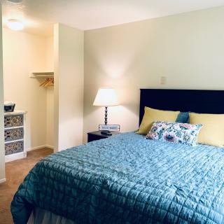 A cozy bedroom with a neatly made bed, a bedside lamp, and an open closet.