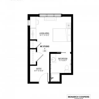 Studio apartment floor plan with living area and bathroom.