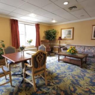 A cozy living room with a table, chairs, and sofa, decorated with plants and artwork.