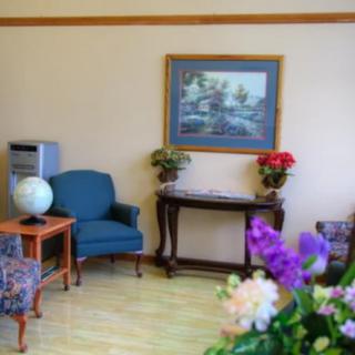 A cozy waiting room with chairs, a globe on a side table, and decorative plants.