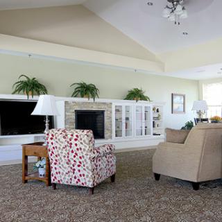 A cozy living room featuring patterned chairs, a television, and indoor plants.
