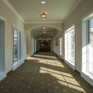 A well-lit hallway with large windows and a carpeted floor.