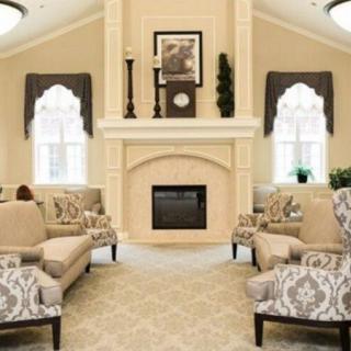 Elegant living room with a central fireplace and stylish furnishings.