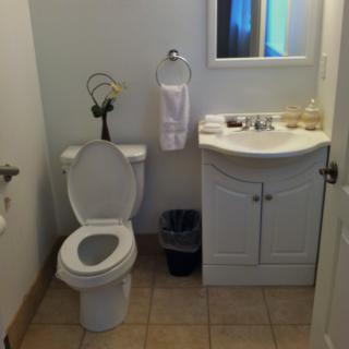 A small bathroom with a toilet, sink, and mirror.
