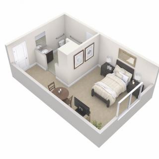 A 3D floor plan of a studio apartment featuring a bedroom, living area, and kitchenette.