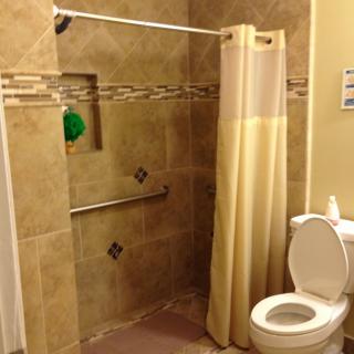 A modern bathroom with a tiled shower and white toilet.