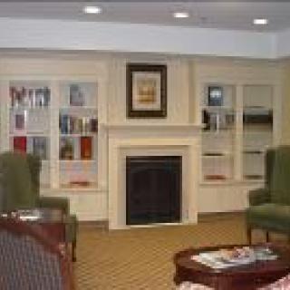 A cozy living room with a fireplace and bookshelves.