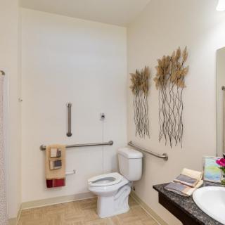 A well-decorated bathroom with accessibility features like grab bars, adorned with artistic wall decor and neatly arranged towels.
