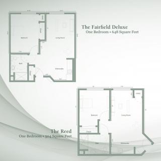 Floor plans showcasing The Fairfield Deluxe and The Reef apartment layouts.