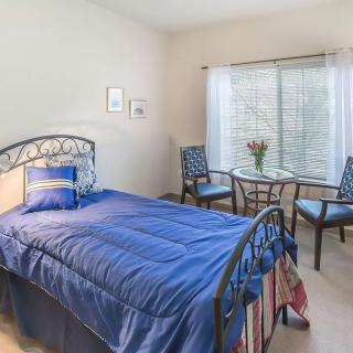 A cozy bedroom with a single bed covered in blue bedding, two chairs, a small table with flowers, and a large window letting in natural light.