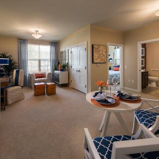 A modern apartment interior featuring a cozy living room and dining area.