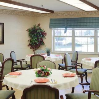 A well-lit dining room with elegantly set tables and chairs, featuring a large window and potted plant for decor.