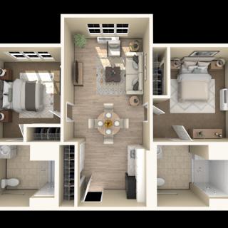 A 3D rendering of a two-bedroom apartment floor plan with an open living area.