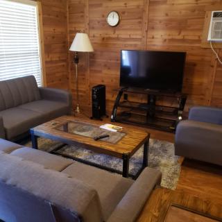 A cozy living room with wooden walls, featuring comfortable sofas and a TV.