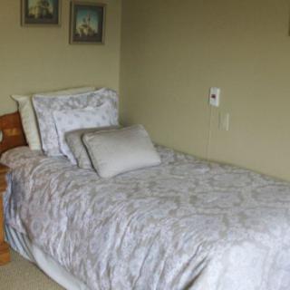 A cozy single bed with patterned bedding and a pillow in a neatly decorated bedroom.