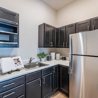 A stylish, modern kitchen featuring sleek black cabinetry and stainless steel appliances.