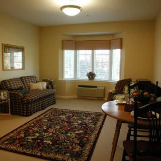 A cozy living room with a sofa, armchair, rug, and a window letting in natural light.