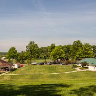 A serene view of a green landscape with trees and buildings under a clear sky.