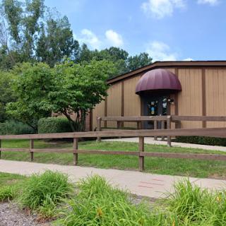 A modern wooden building surrounded by lush greenery and a paved pathway.