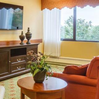 A cozy living room featuring an orange sofa, wooden furniture, and a television, with natural light coming through the window.