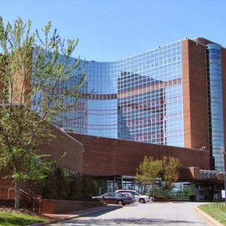 A modern commercial building featuring a striking glass facade surrounded by landscaped greenery.