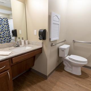 A modern, accessible bathroom with grab bars and a large mirror.