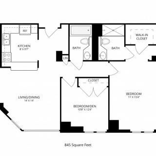A detailed floor plan of a residential apartment, showcasing rooms and layout.
