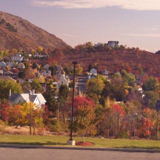 A picturesque neighborhood nestled on a hillside, displaying vibrant fall foliage.